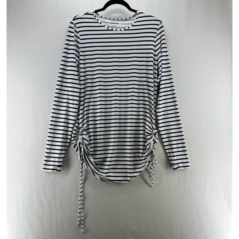 Lands End Top Women L Pullover Long Sleeve Cinched Drawstring Stripe White Black